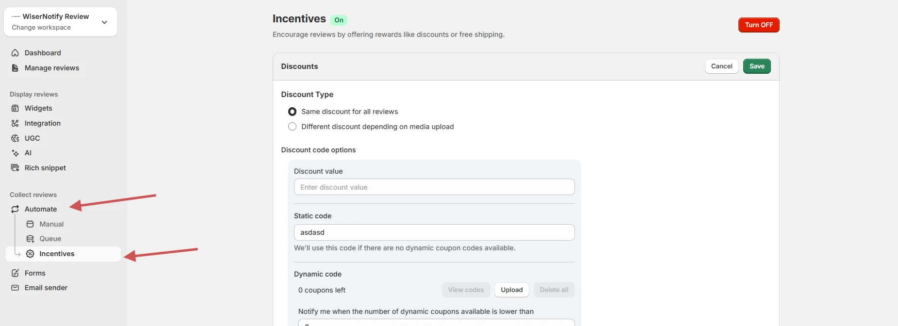 WiserReview Incentives settings with discount type, static code, and dynamic code options