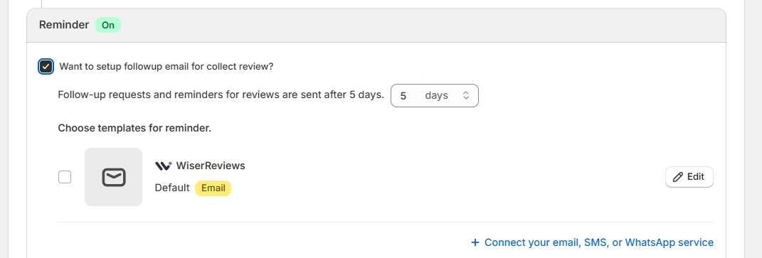 WiserReview reminder email setting with the follow-up delay