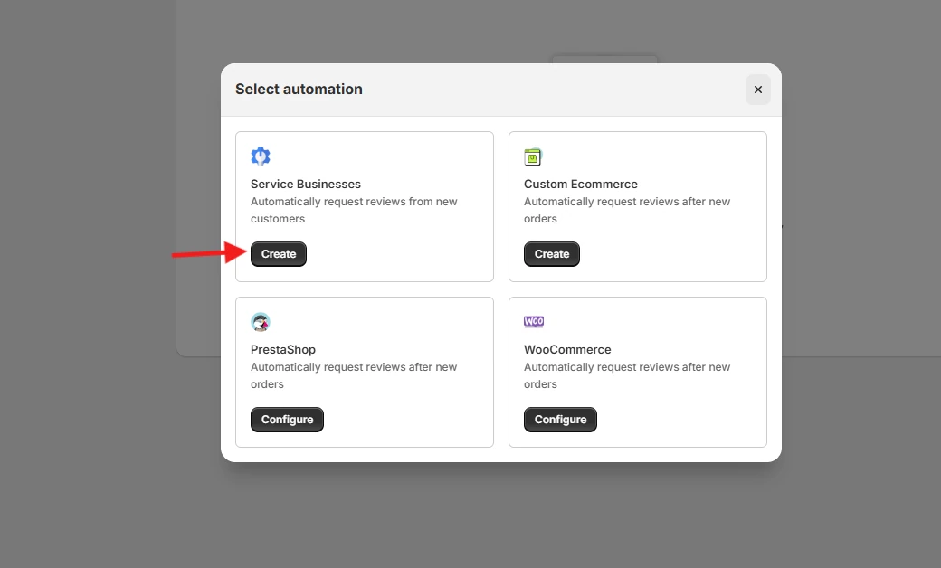 WiserReview Select automation window with Service Businesses and Create