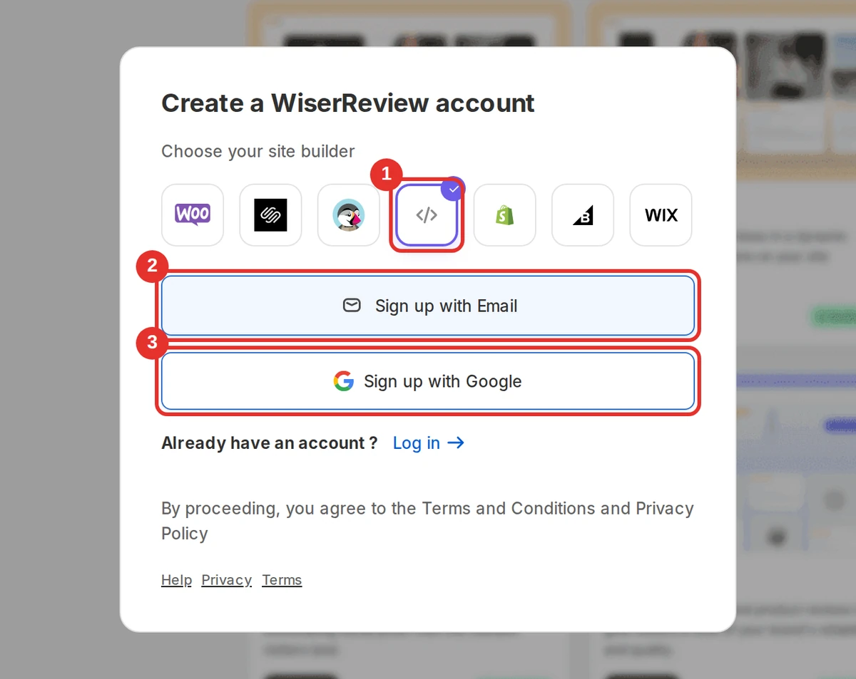 WiserReview Create account window with the code icon for a custom site marked, then the Sign up with Email and Sign up with Google buttons