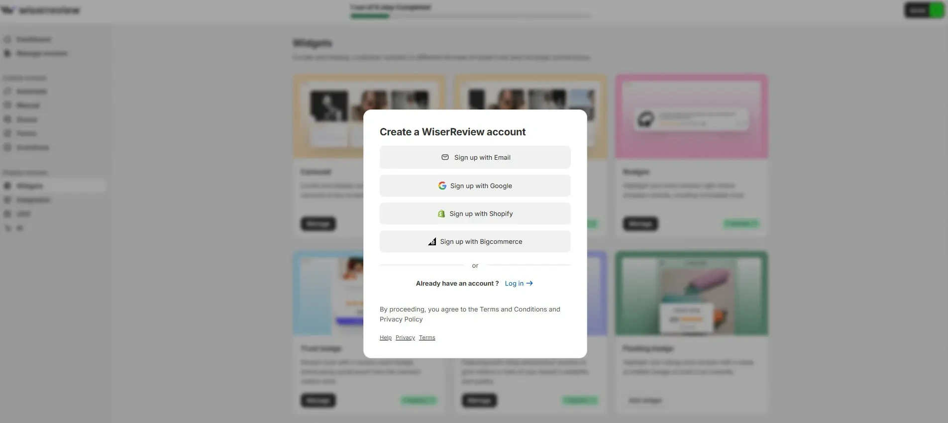 WiserReview Create a WiserReview account window with sign up options for Email, Google, Shopify, and Bigcommerce