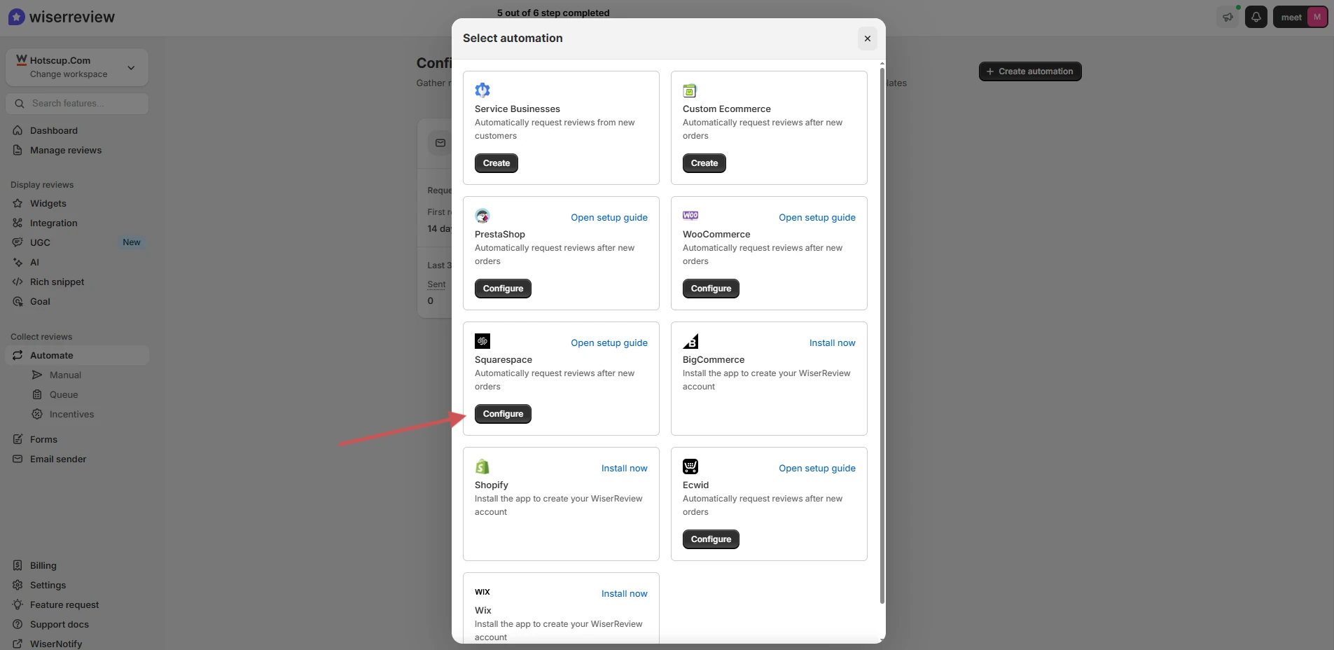 WiserReview Create Automation window with the Squarespace Configure button