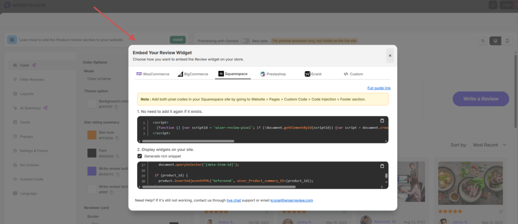 WiserReview Embed Your Review Widget window on the Squarespace tab with the pixel and widget codes