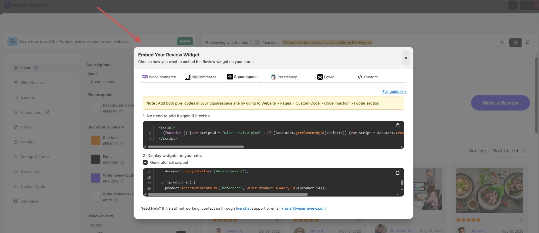 WiserReview Embed Your Review Widget window on the Squarespace tab with the widget and pixel code