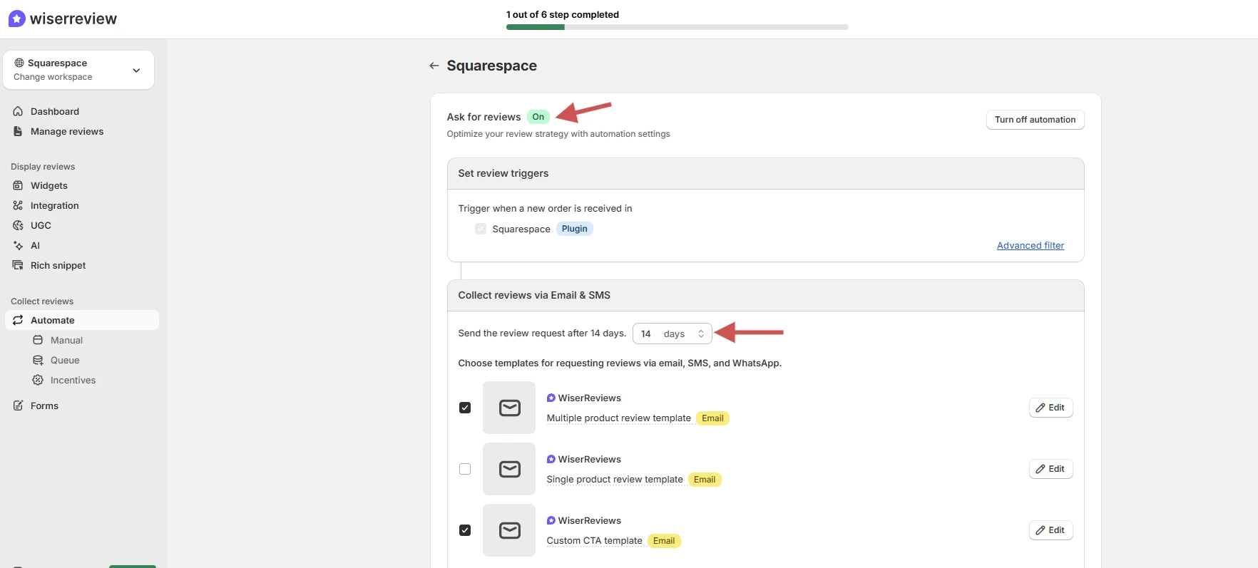 WiserReview Squarespace automation with Ask for reviews on and the first request timing