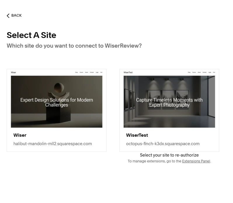Squarespace Select A Site screen for connecting a store to WiserReview