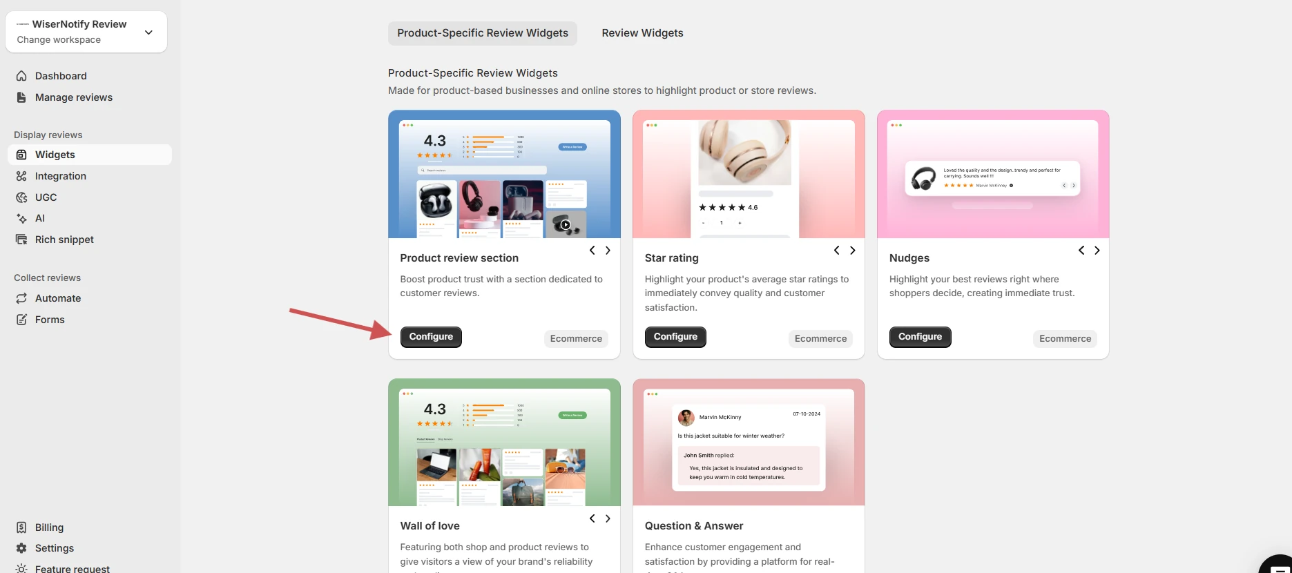 WiserReview product-specific review widgets including the Star Rating widget