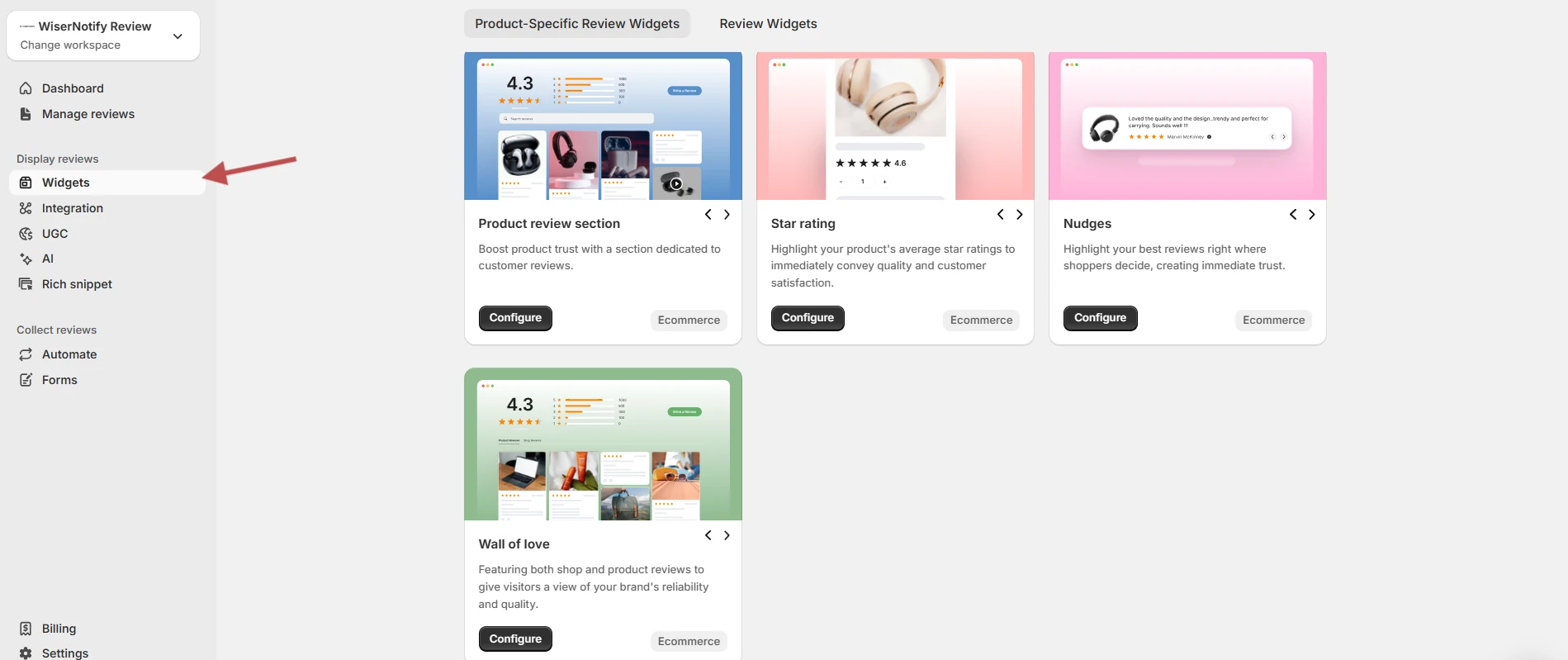 WiserReview Widgets page with product review section, star rating, nudges, and wall of love widgets