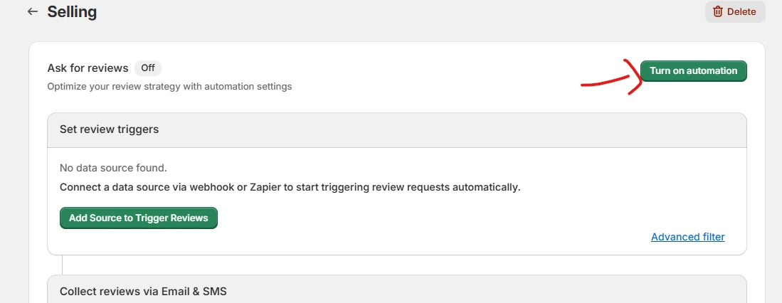 WiserReview automation with the Turn on automation button