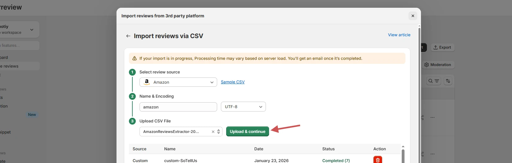 WiserReview Import reviews via CSV window with the Upload and continue button