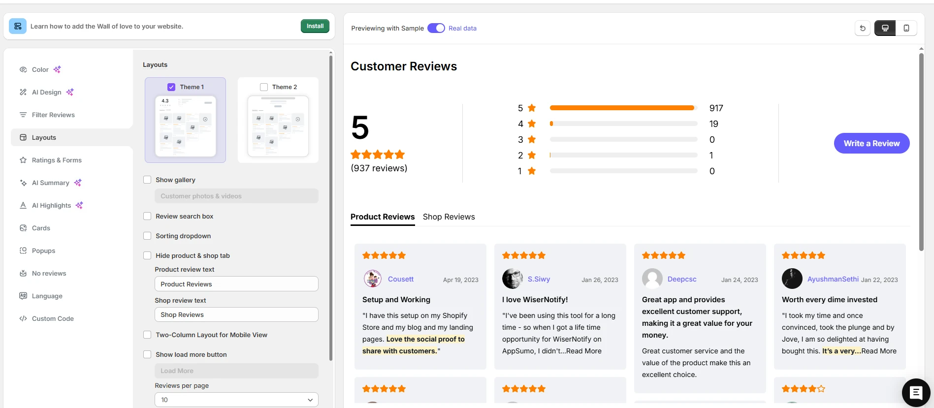 WiserReview Wall of Love layout options with a live review preview
