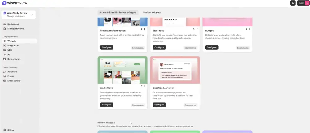 Opening the Wall of Love widget in WiserReview and choosing the Squarespace install tab