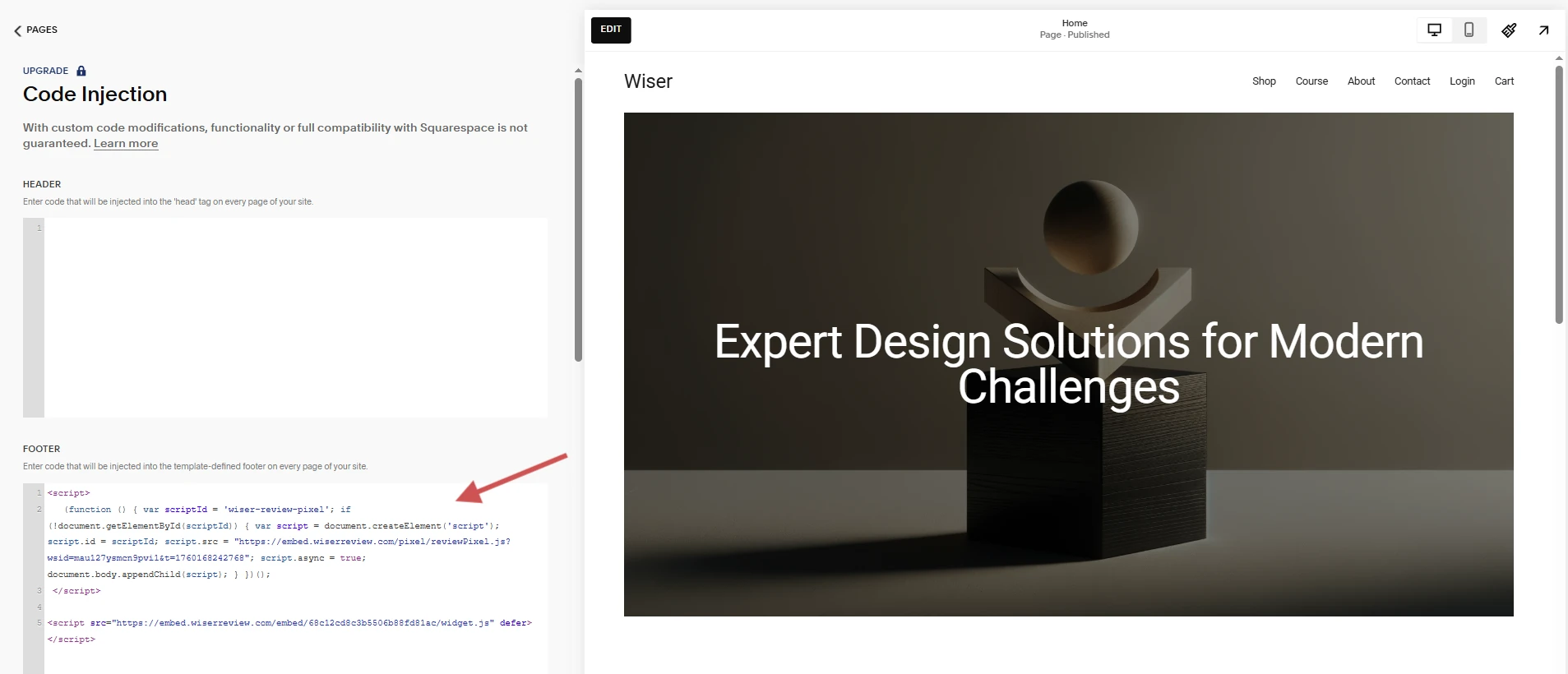 Squarespace Code Injection footer with the WiserReview Wall of Love embed code