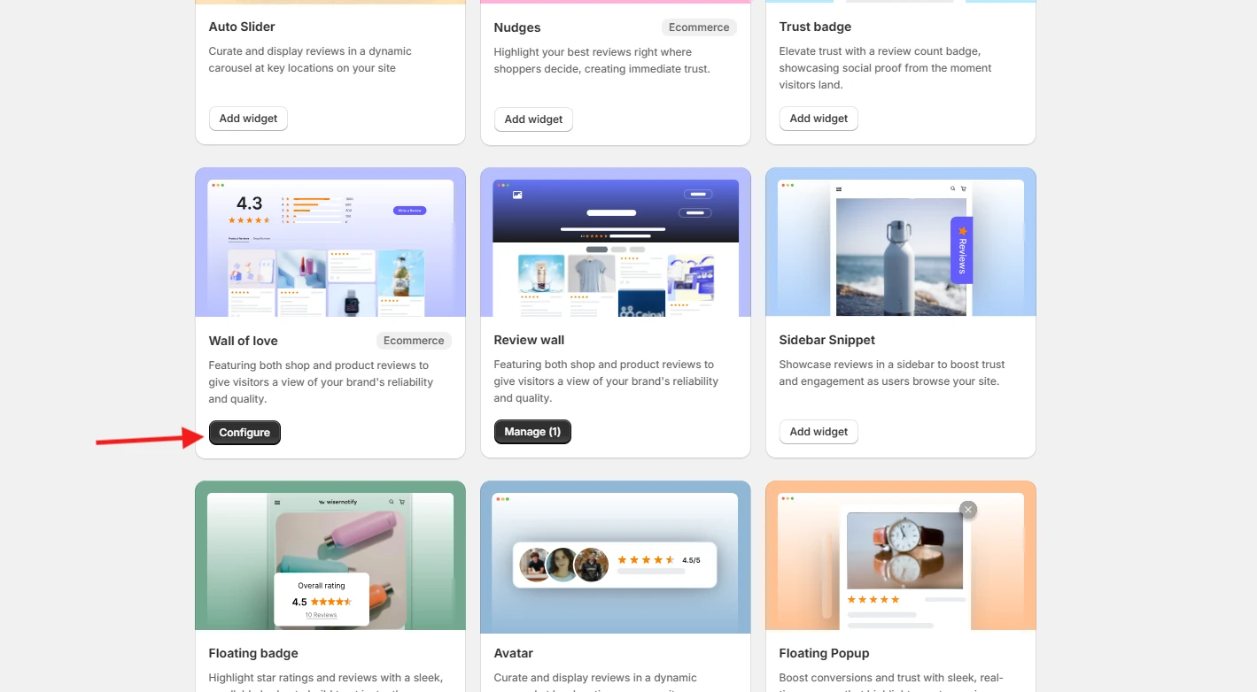 WiserReview Widgets page with the Wall of Love widget Configure button