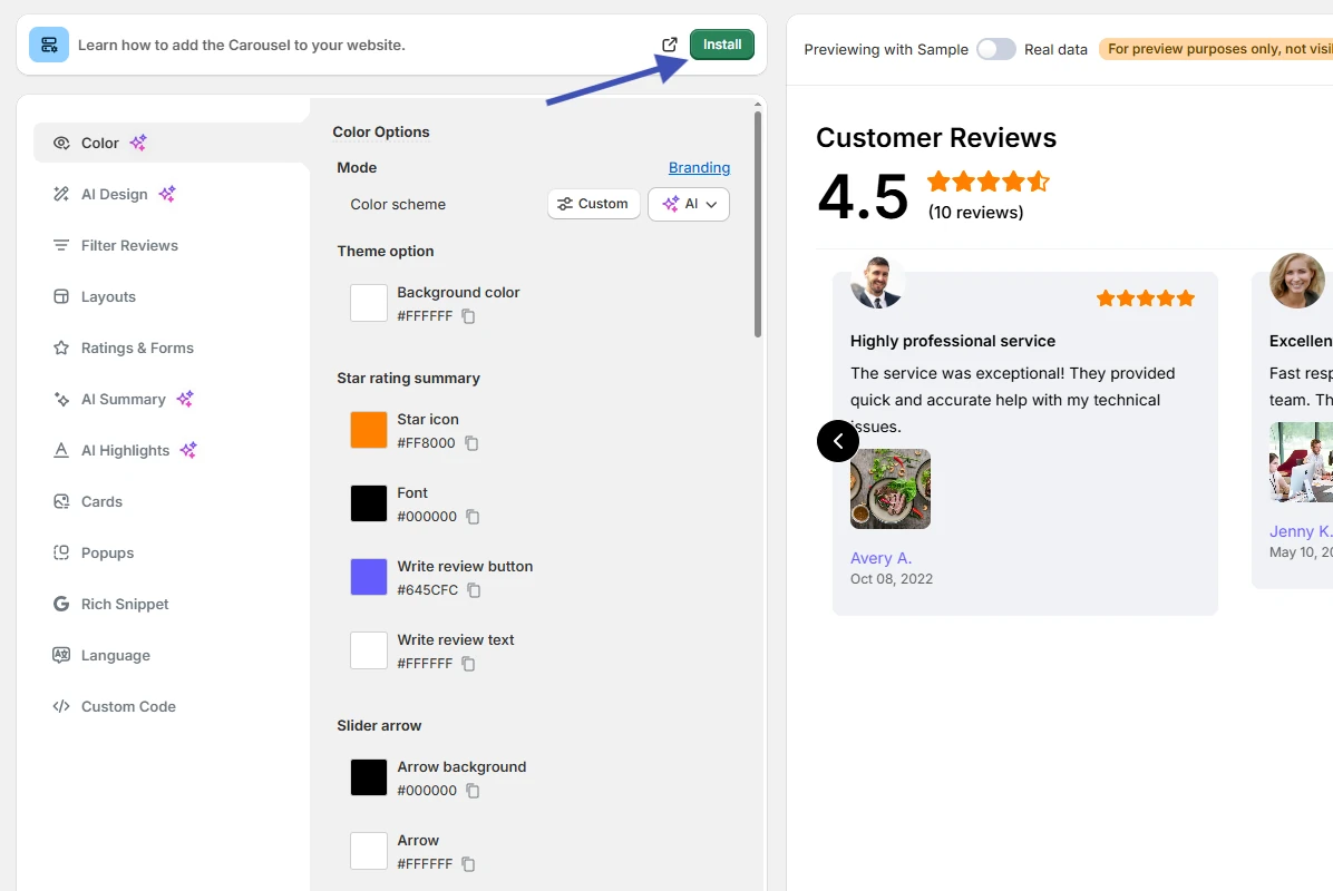 WiserReview carousel editor with color options, a live preview, and the Install button