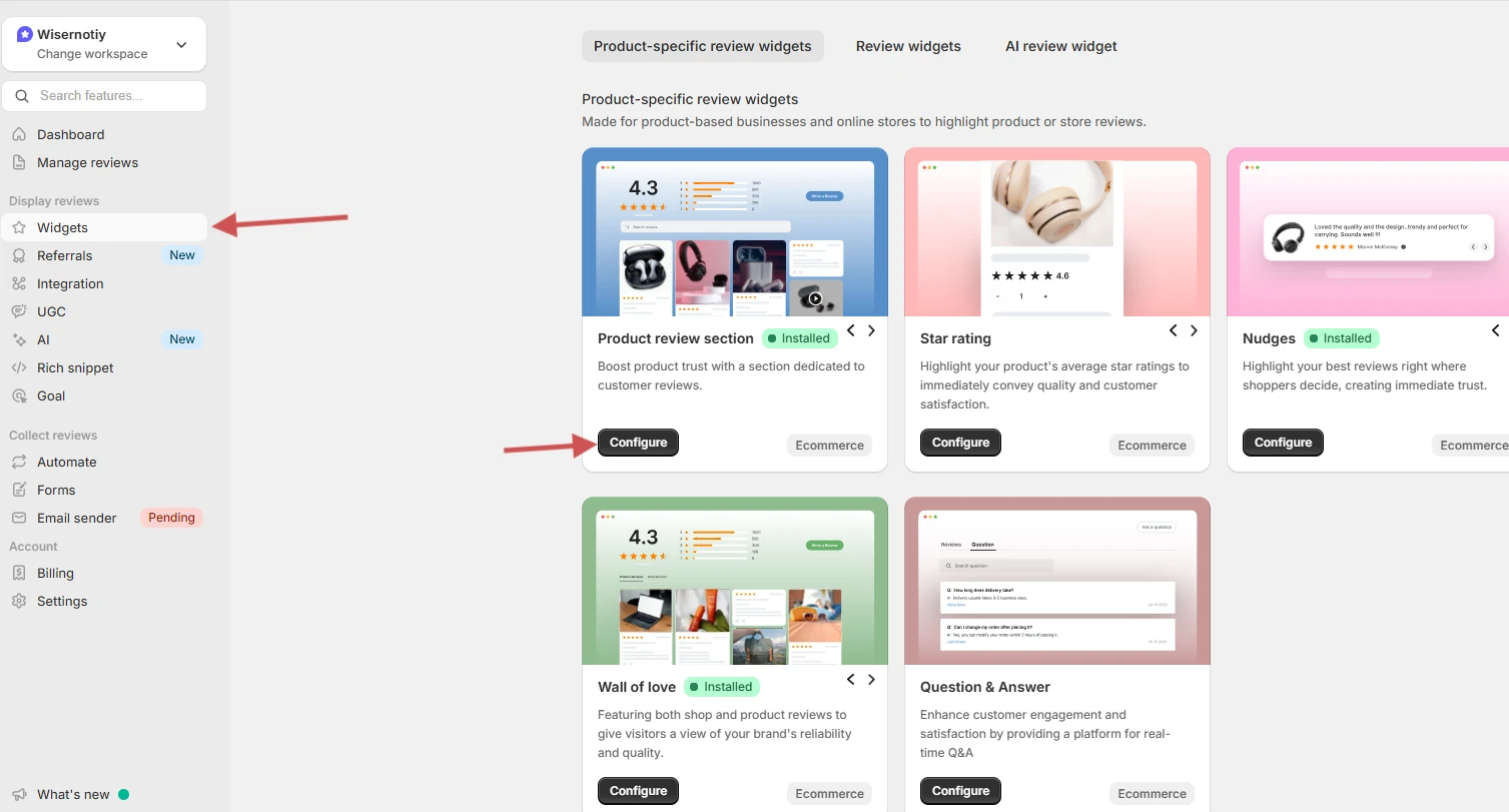 WiserReview dashboard Widgets page with the Configure button on the Product review section widget