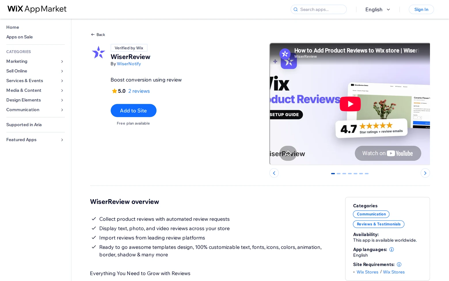 WiserReview on the Wix App Market