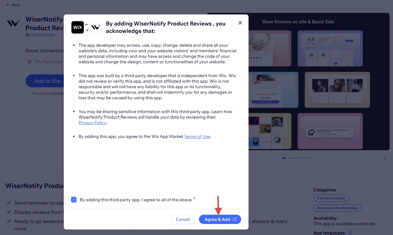 Wix permissions screen for the WiserReview app with the Agree and Add button