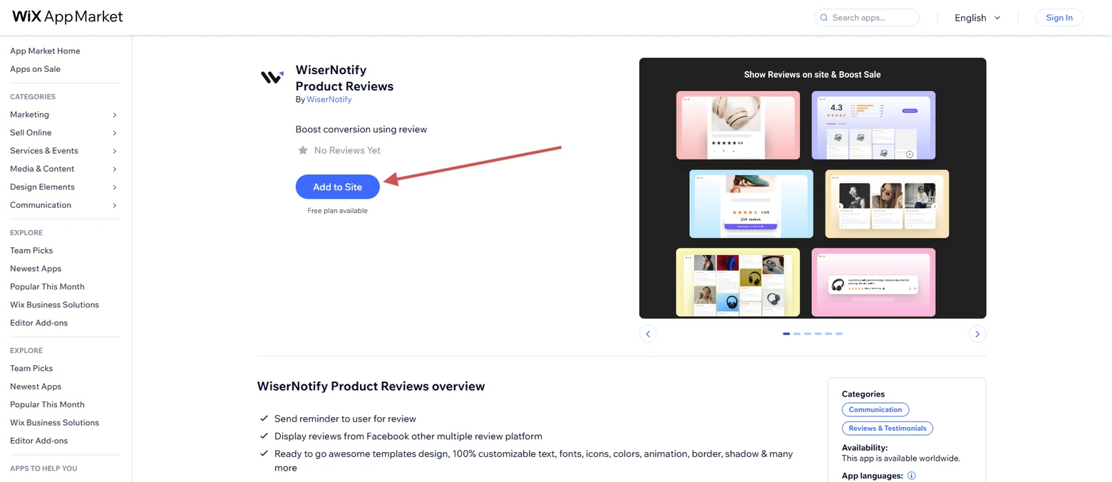 WiserReview listing in the Wix App Market with the Add to Site button