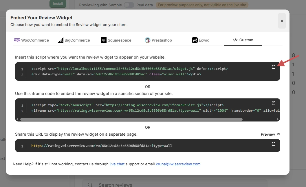 WiserReview Embed Your Review Widget window with the JavaScript embed code, the iframe code and the direct link
