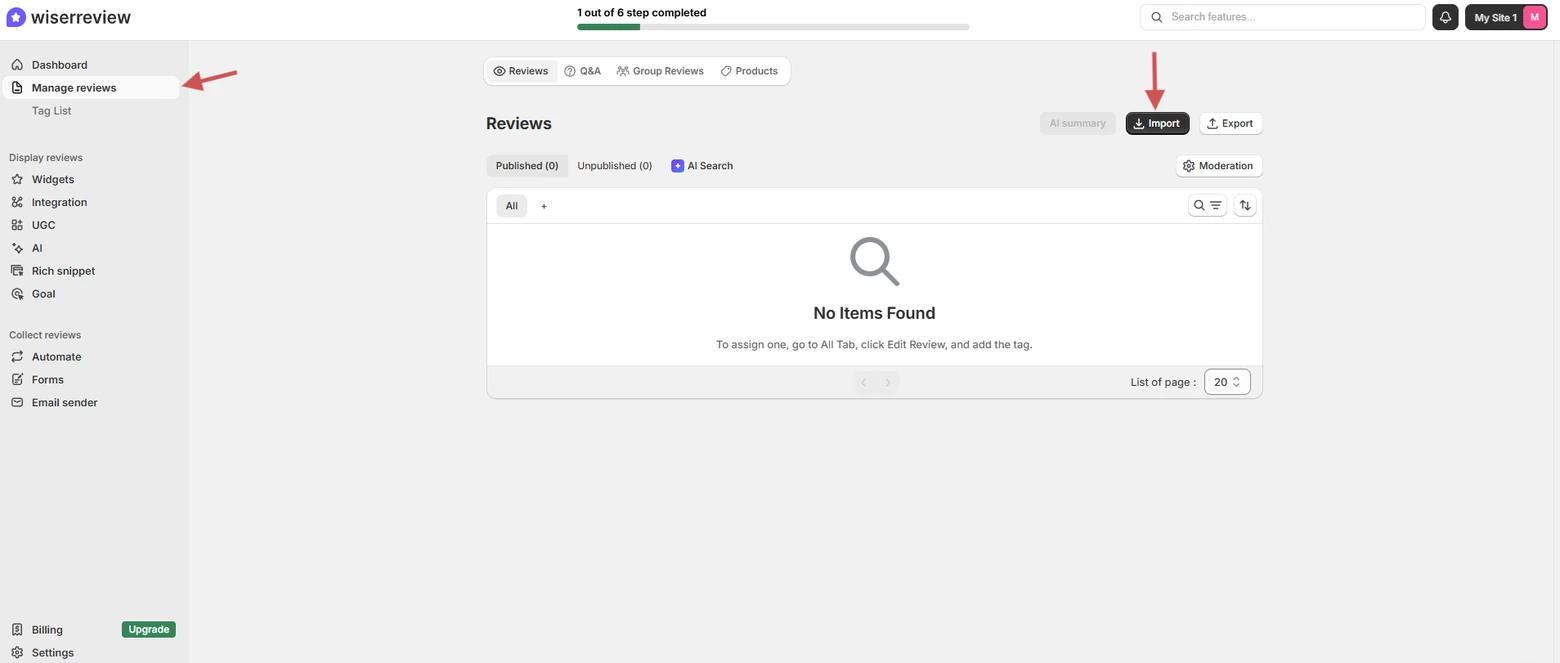 WiserReview Manage Reviews page with the Import button