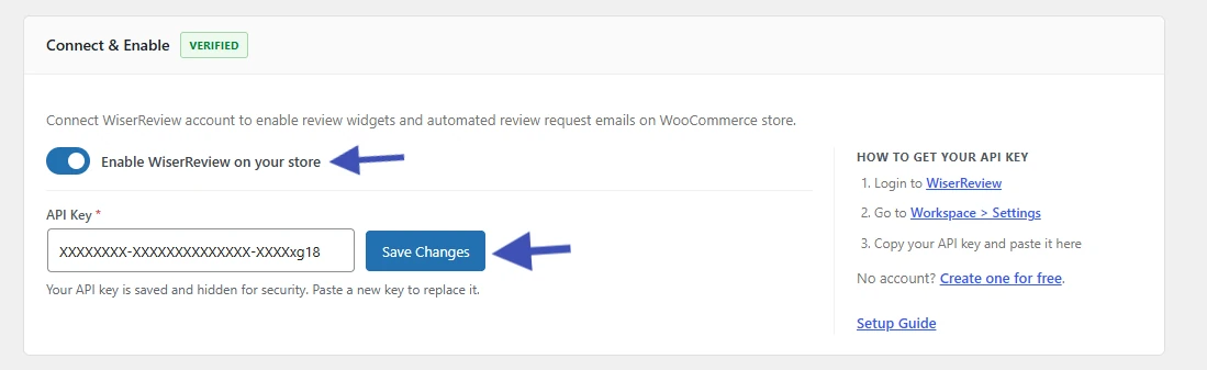 WiserReview WooCommerce plugin Connect and Enable screen with the API key field