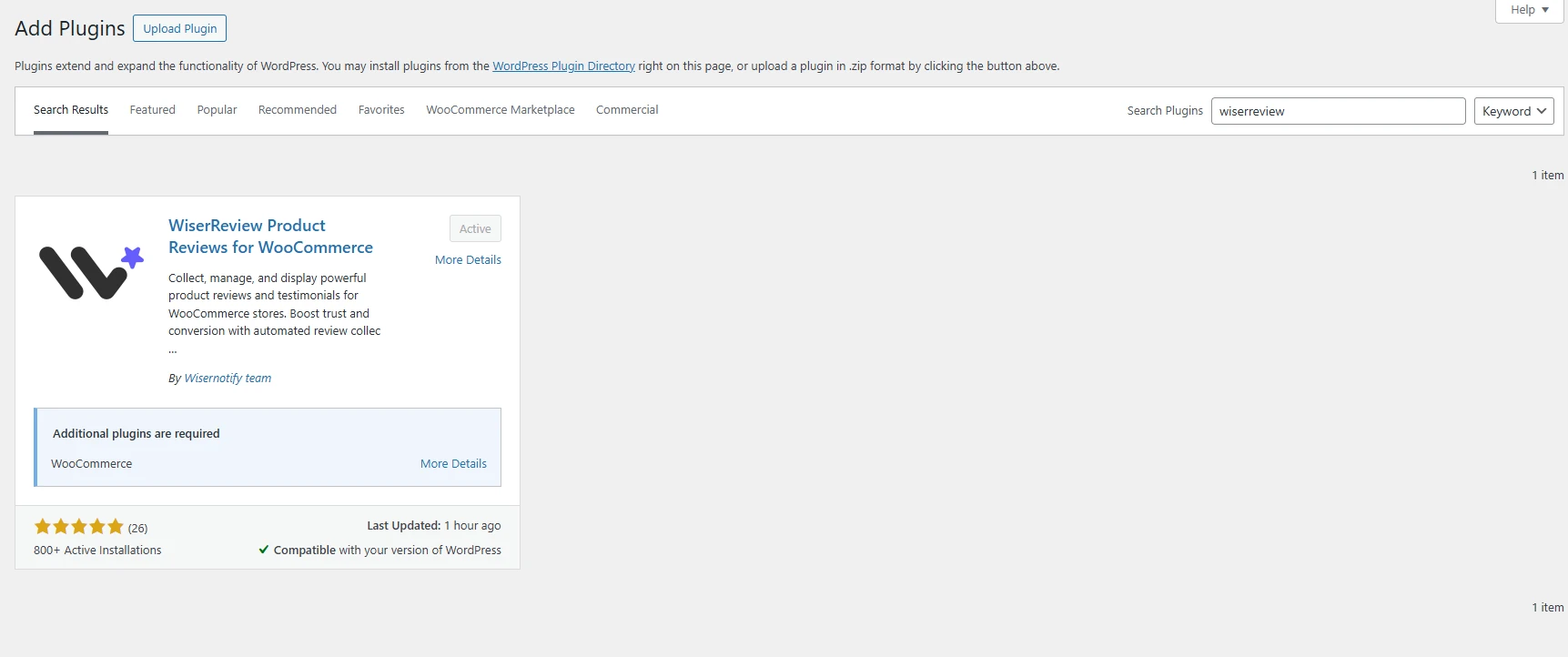 WordPress Add Plugins screen with the WiserReview product reviews plugin for WooCommerce