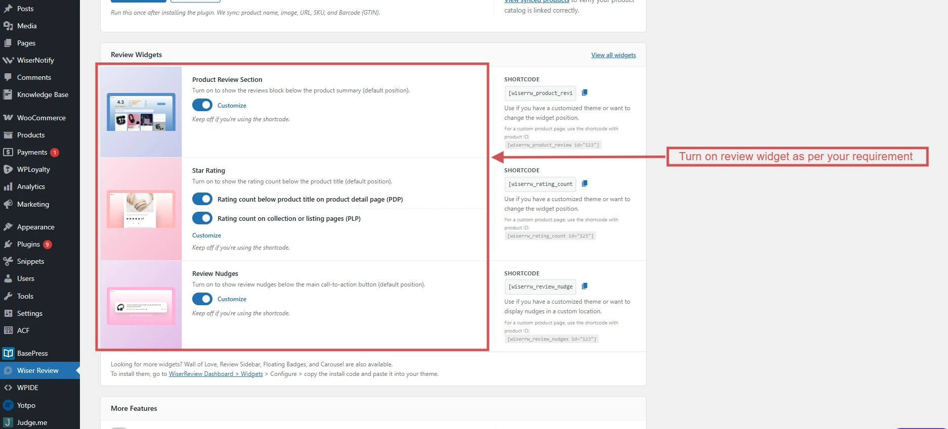 WiserReview WooCommerce plugin review widget toggles for product review section, star rating, and nudges