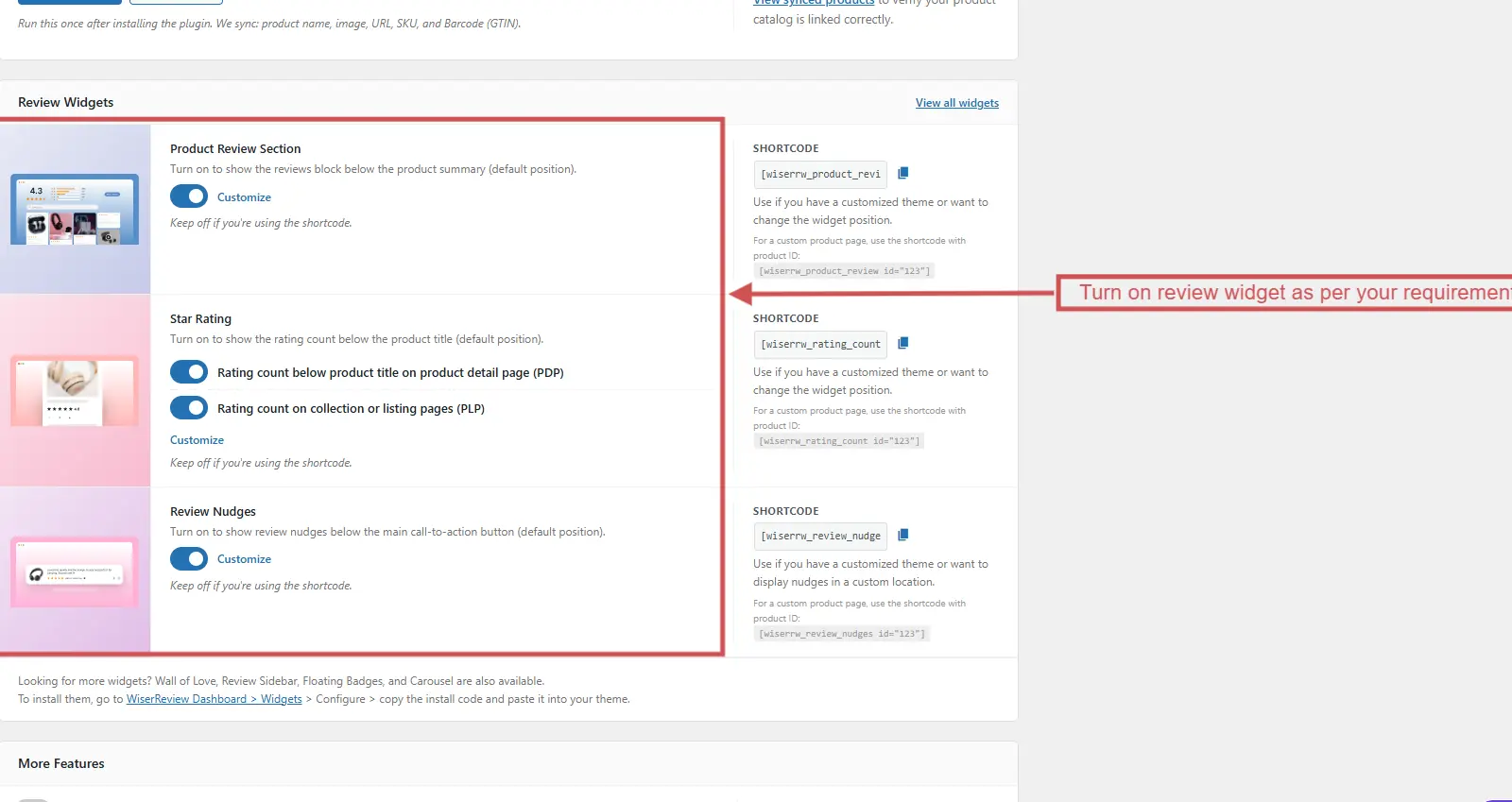 WiserReview plugin Review Widgets settings with Product Review Section, Star Rating and Review Nudges switched on