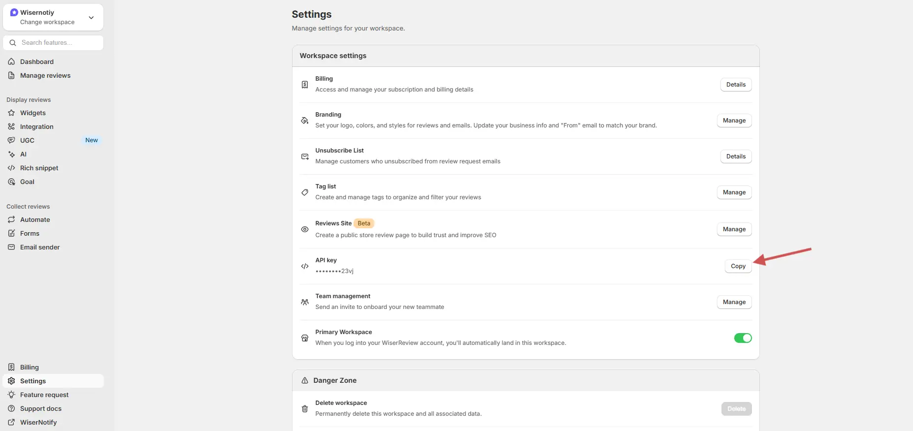 WiserReview workspace Settings page with the API key row and its Copy button