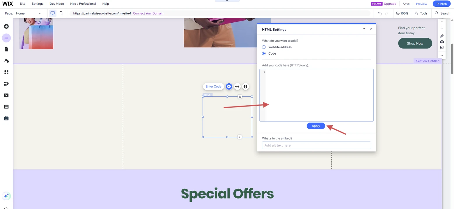 Wix HTML Settings panel with the Code option, code box, and Apply button