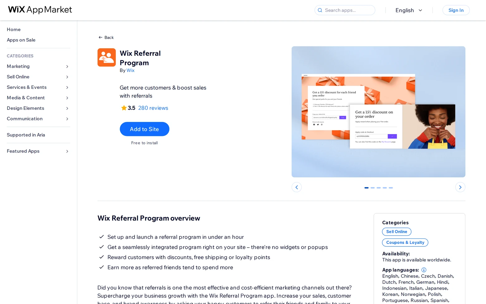 Wix Referral Program app listing