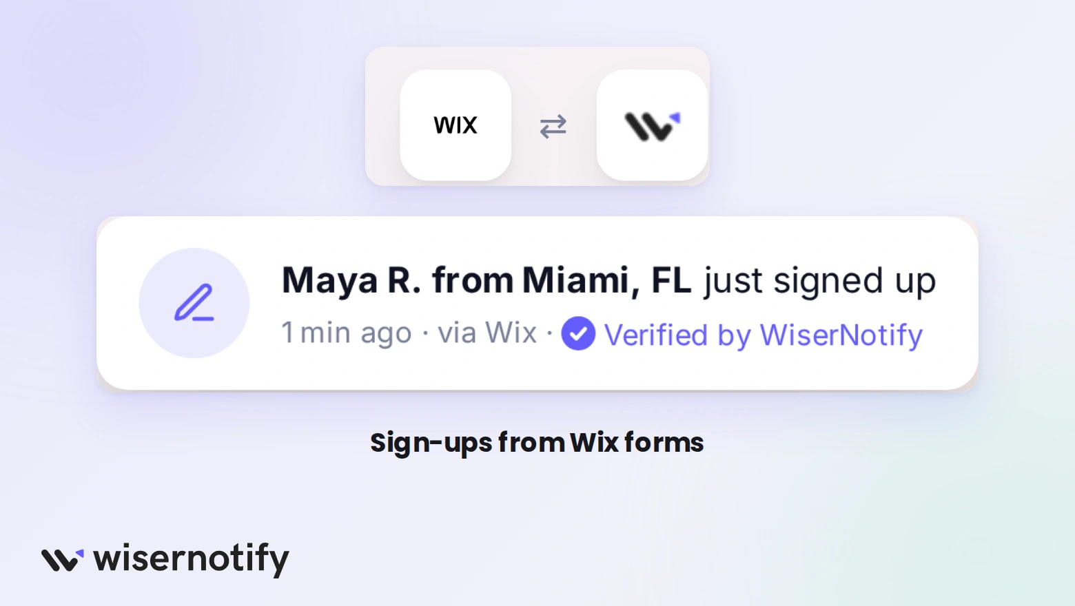 A WiserNotify sign-up popup reading Maya R. from Miami, FL just signed up, via Wix