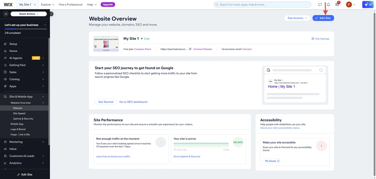 Wix Website Overview page with the Edit Site button