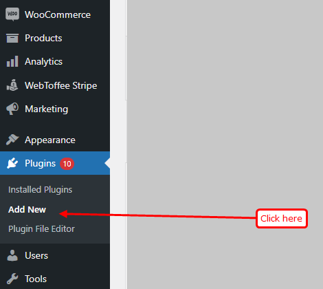 WordPress admin menu on a WooCommerce store with Plugins and Add New highlighted