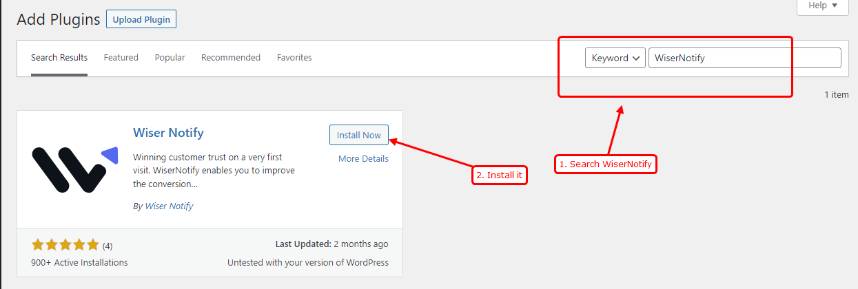 Searching for WiserNotify in WordPress Add Plugins and clicking Install Now