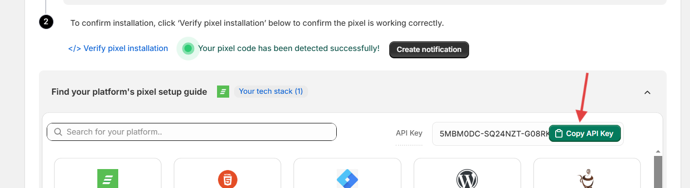 WiserNotify Install Pixel page with the Copy API Key button highlighted