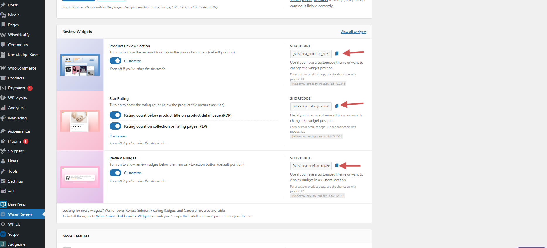 WiserReview widget shortcodes for custom WooCommerce themes