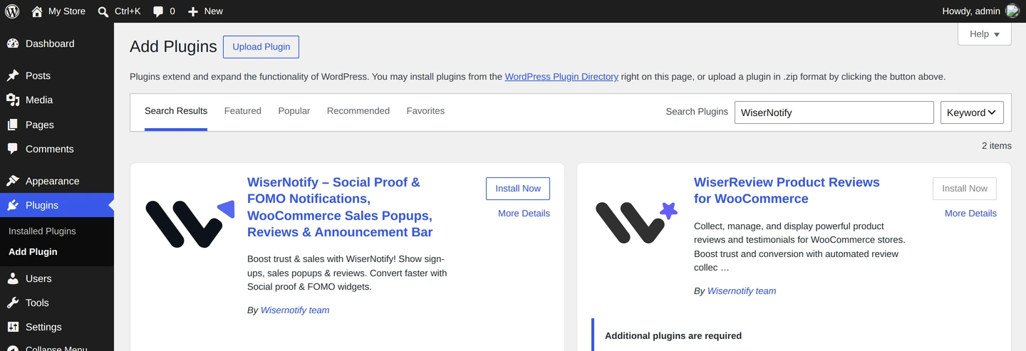 WordPress Add Plugins screen with the WiserNotify plugin in the search results and the Install Now button