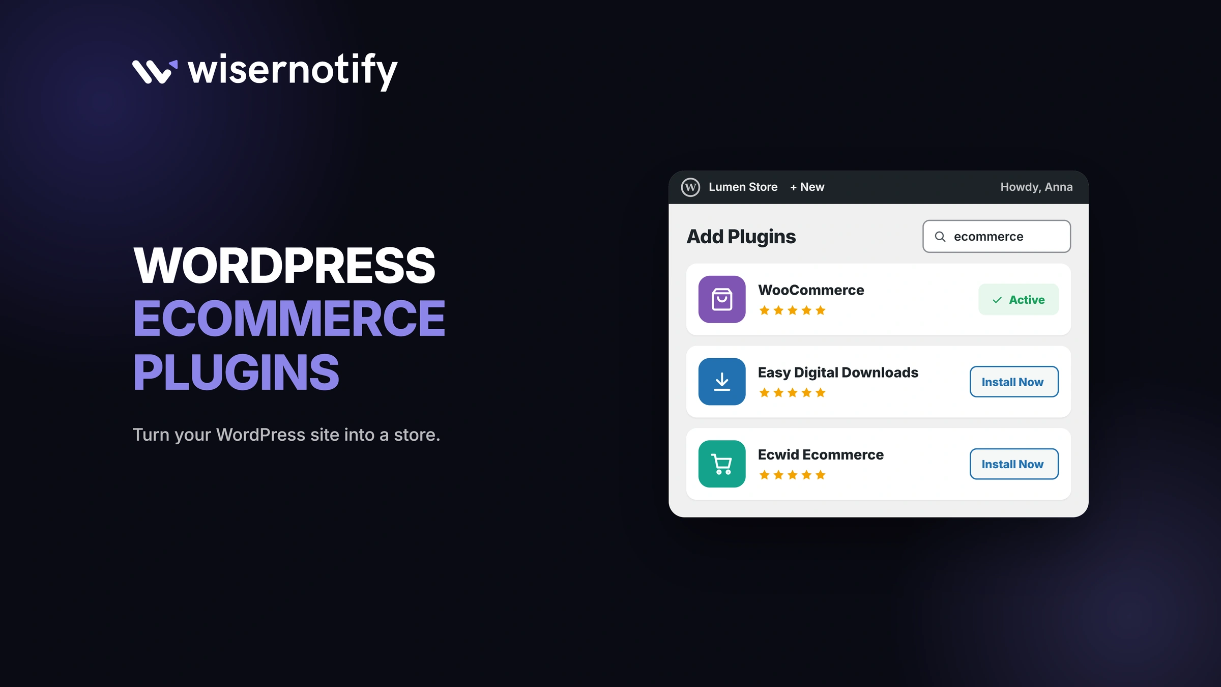 WordPress ecommerce plugins: the Add Plugins screen showing WooCommerce, Easy Digital Downloads, and Ecwid