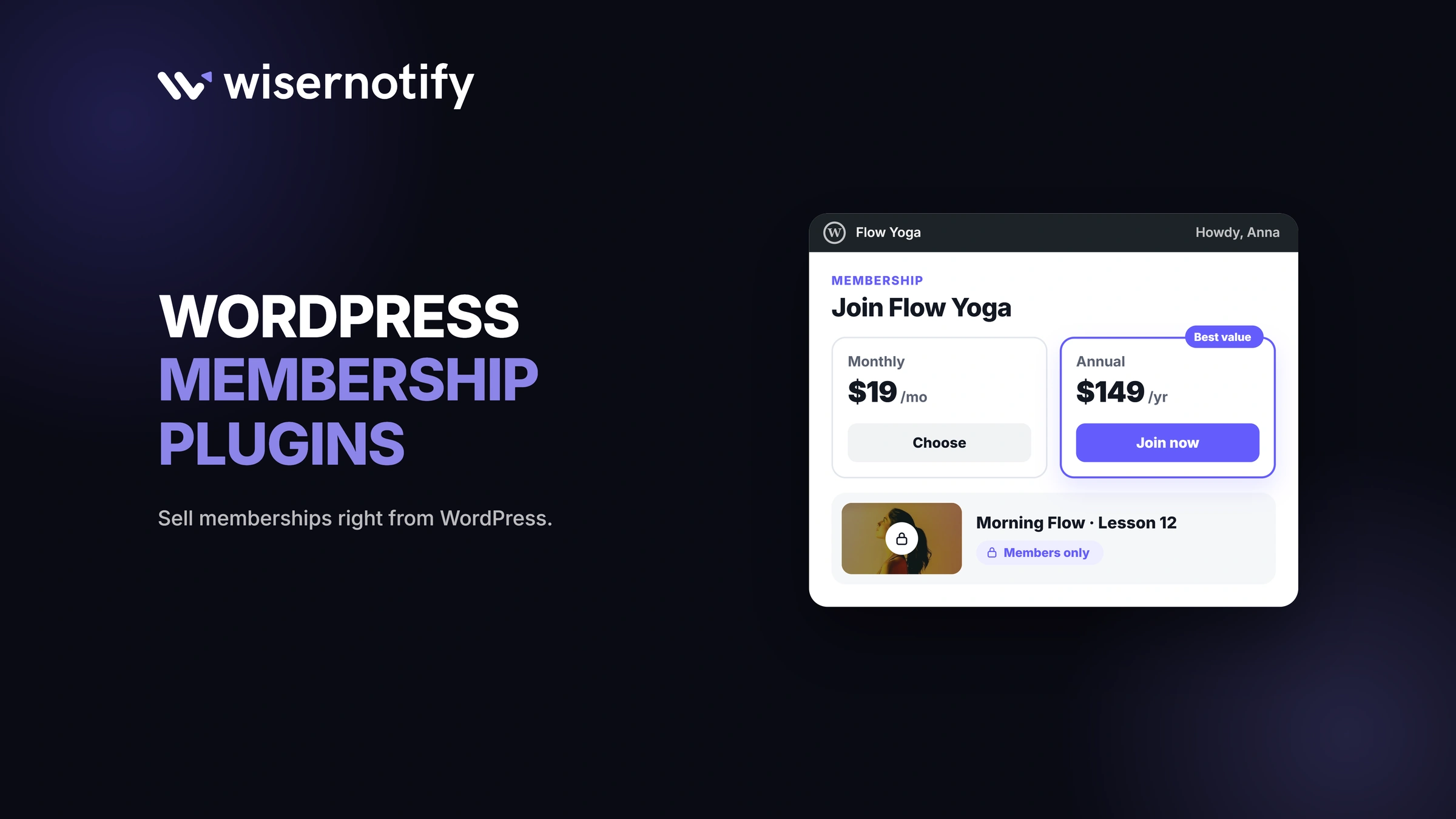 WordPress membership plugins: a membership signup page with monthly and annual plans and members-only lessons