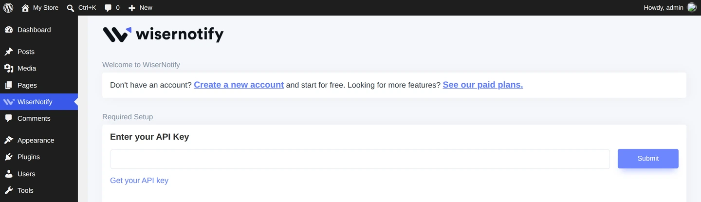 WiserNotify plugin page in WordPress with the Enter your API Key field and Submit button