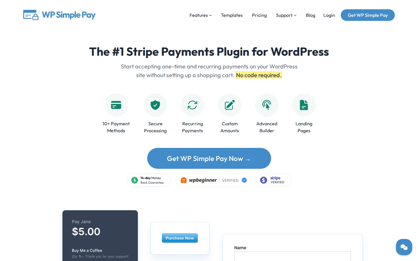 WP Simple Pay homepage