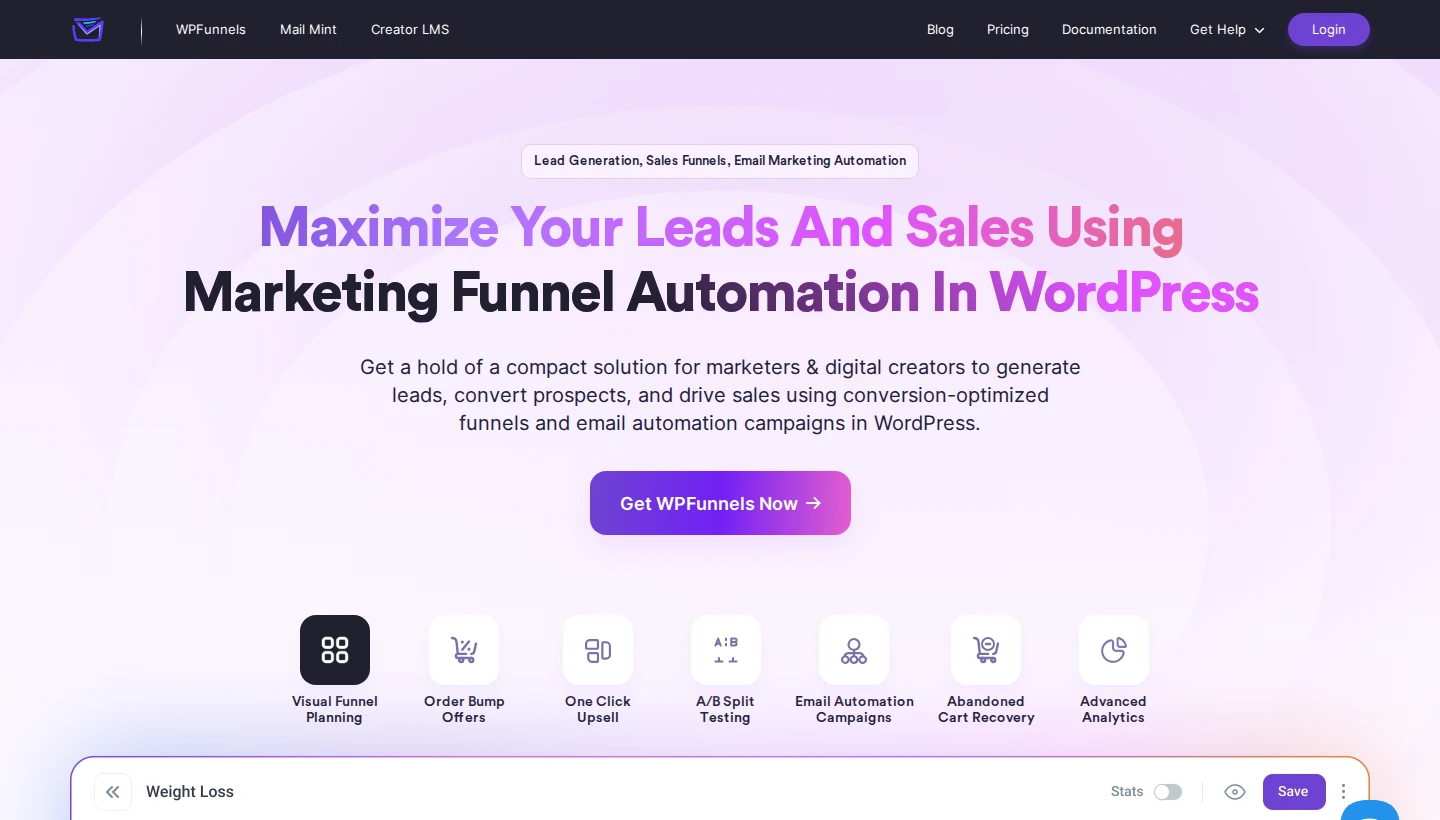 WPFunnels homepage, a visual funnel builder for WordPress