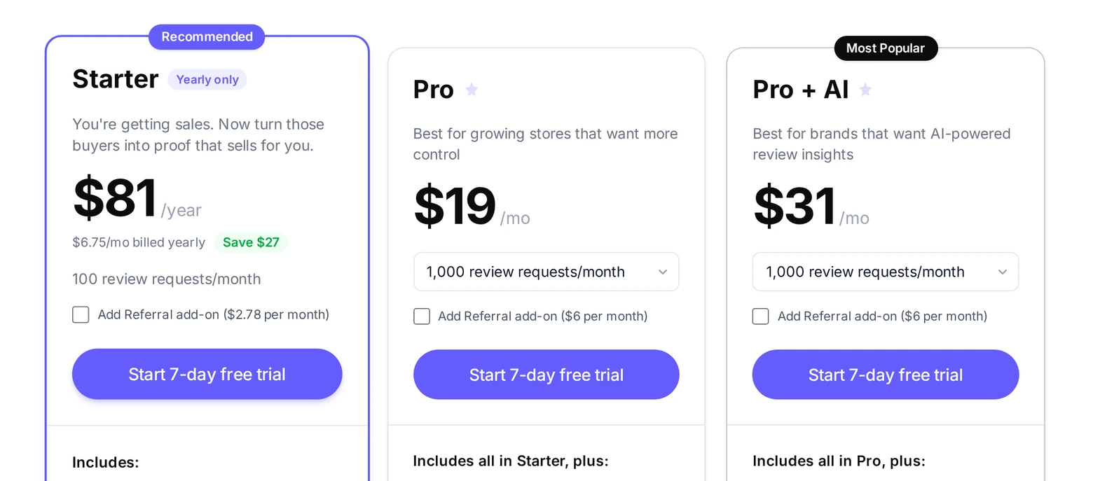 WiserReview pricing plans with Starter at $6.75 a month billed yearly, Pro at $19 a month, and Pro plus AI at $31 a month, each with a 7-day free trial button