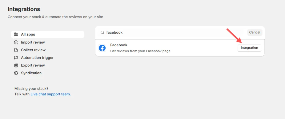 WiserReview Integrations page with Facebook found in search and the Integration button highlighted