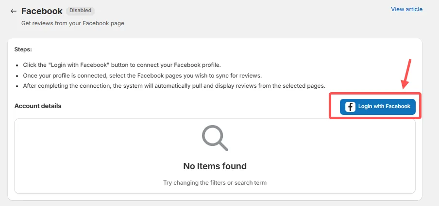 WiserReview Facebook integration screen with the Login with Facebook button to connect your Page and sync reviews