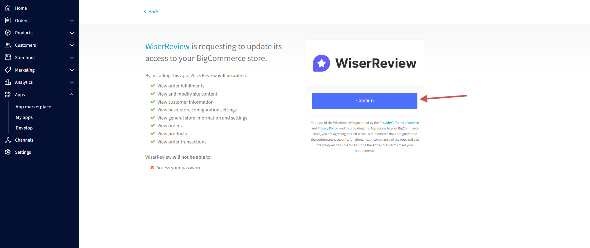 BigCommerce permissions screen for the WiserReview app with the Confirm button marked