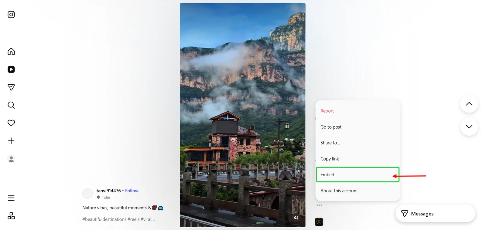 Embed option in the three-dot menu of an Instagram post
