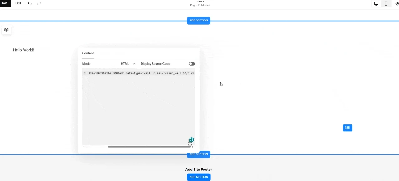 Squarespace Code Block editor set to HTML mode with the WiserReview widget code pasted in